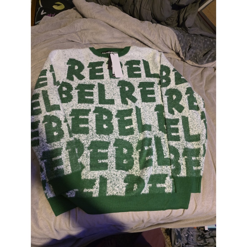 Rebel Minds Green White All Over Logo Knit Sweater Mens Medium NWT Streetwear